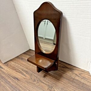 Vintage Wooden Mirror Wall Shelf Dark Mahogany Color Oval Mirror